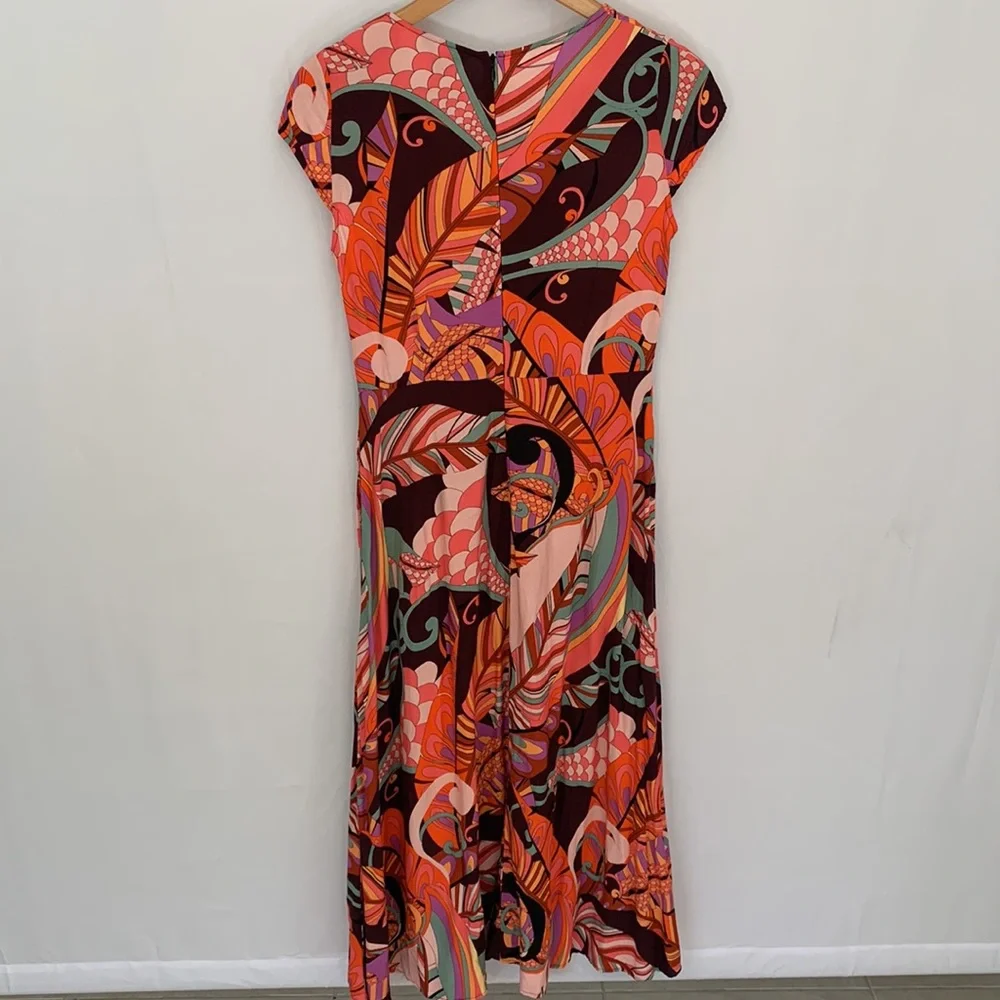 Saint + Sofia Jocelyn Cap Sleeve V-Neck Midi Dress Paisley Retro Red Palm Size 4 - Picture 14 of 16